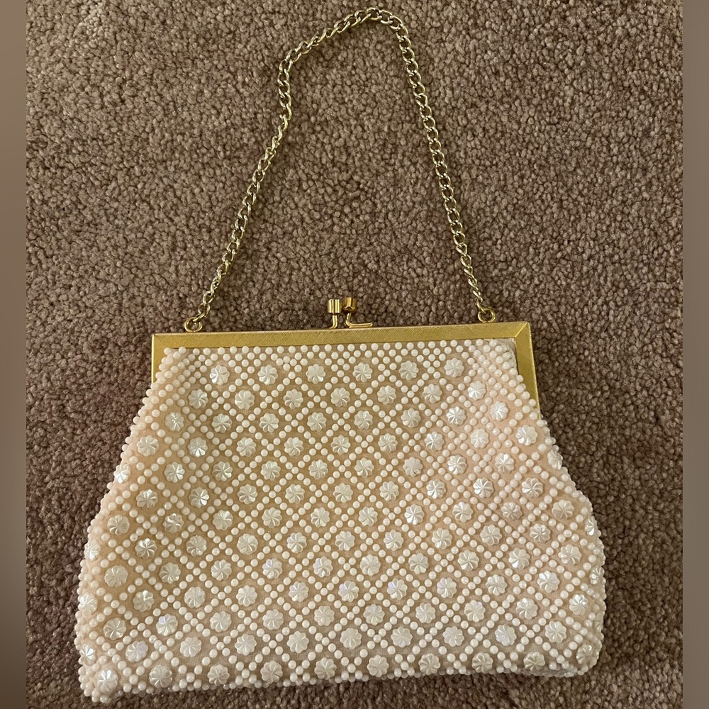 White Pearl and cream beaded evening purse with gold clasp and chain